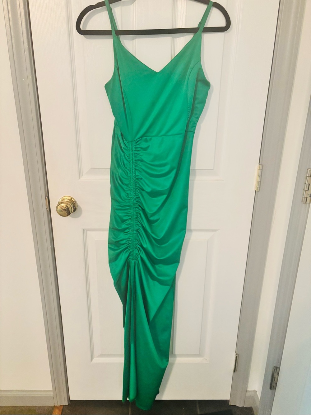 Emerald Ruched Satin Slip Dress with V-Neck